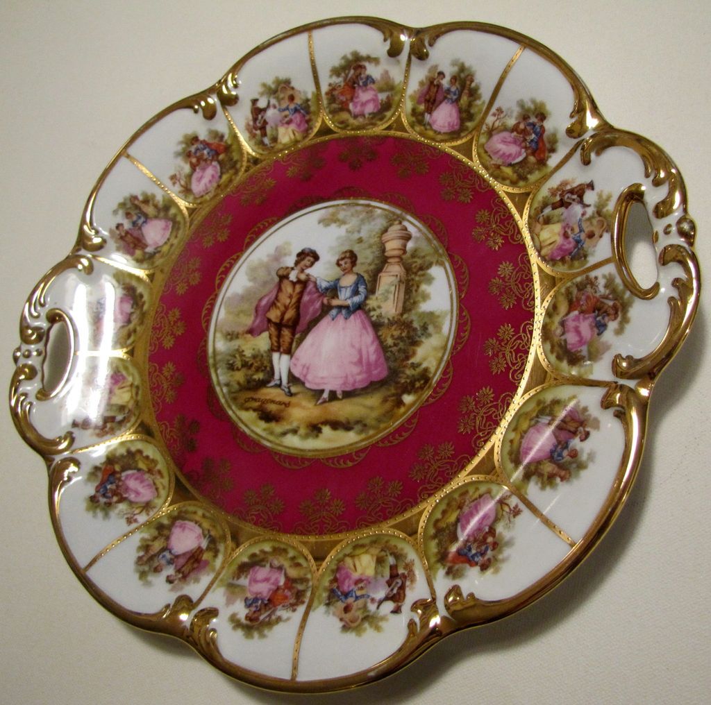 AntiqueOyster: Karlsbader Carlsbad Germany Porcelain Charger Plate  w/handles and gold
